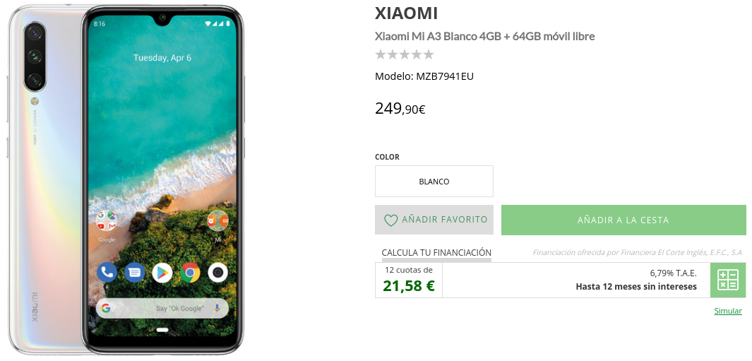 Xiaomi Mi A3 on El Corte Inglés